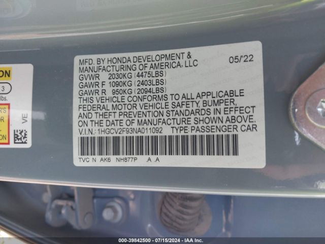 1HGCV2F93NA011092 Honda Accord Touring