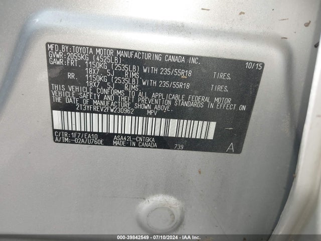 Toyota Rav4 Limited 2015 2T3YFREV2FW230962 Image 9