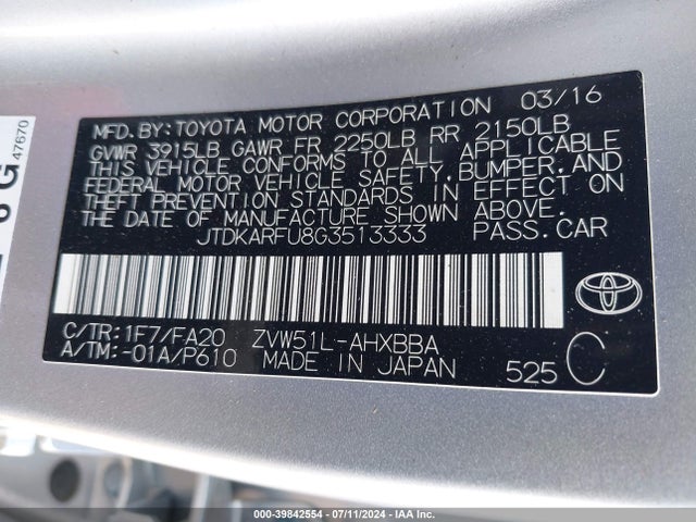 Toyota Prius Two Eco 2016 JTDKARFU8G3513333 Image 9