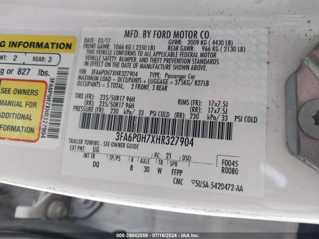 Ford FUSION SE 2017 3FA6P0H7XHR327904 Image 9