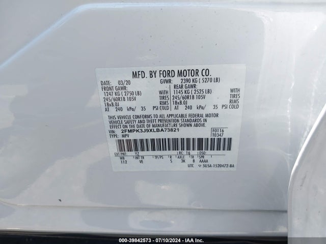 Ford EDGE SEL 2020 2FMPK3J9XLBA73821 Image 9