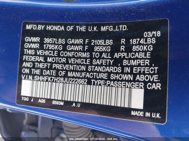SHHFK7H28JU222662 Honda Civic Lx