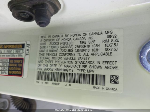 2HKRW1H50NH409119 Honda Cr-v 2wd Ex