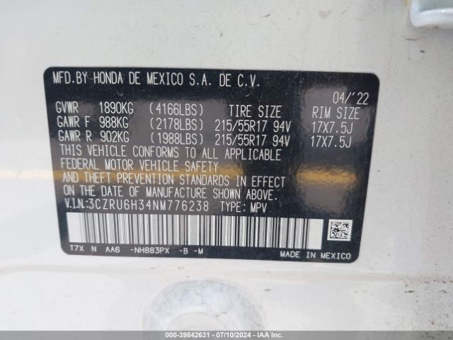 3CZRU6H34NM776238 Honda Hr-v Awd Lx