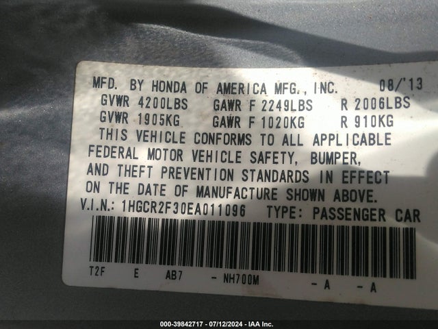 Honda ACCORD LX 2014 1HGCR2F30EA011096 Image 9