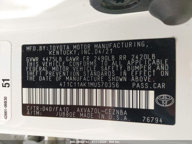 Toyota CAMRY LE 2021 4T1C11AK1MU570356 Image 9