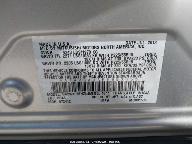 4A4AR3AU3EE003555 Mitsubishi Outlander Sport Es