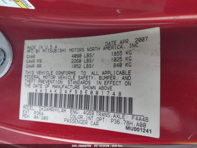 2008 MITSUBISHI ECLIPSE 4A3AK24F98E001748 Photo 8