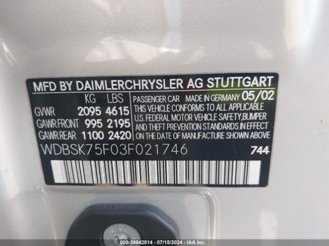 2003 MERCEDES-BENZ SL 500 WDBSK75F03F021746 Photo 8