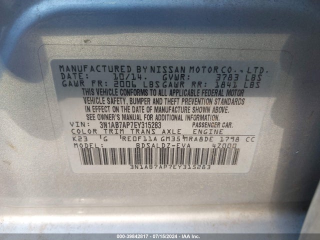 Nissan SENTRA SV 2014 3N1AB7AP7EY315283 Image 9