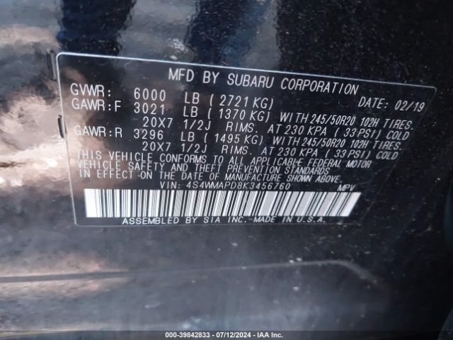 4S4WMAPD8K3456760 Subaru Ascent Limited