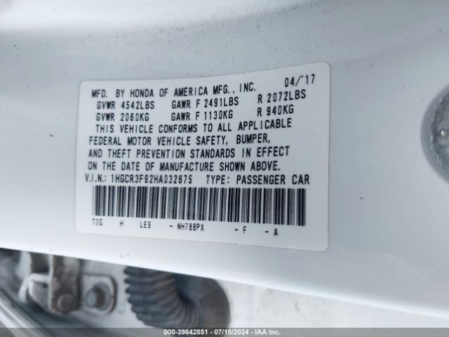 1HGCR3F92HA032675 Honda Accord Touring V6