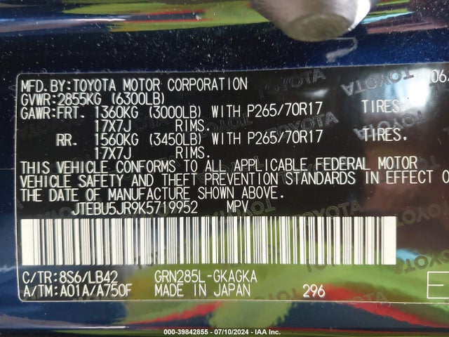 Toyota 4runner Sr5 Premium 2019 JTEBU5JR9K5719952 Image 9