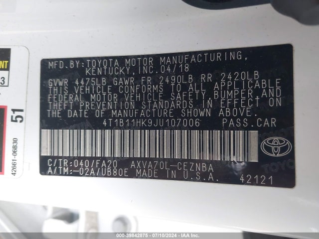 Toyota CAMRY LE 2018 4T1B11HK9JU107006 Image 9