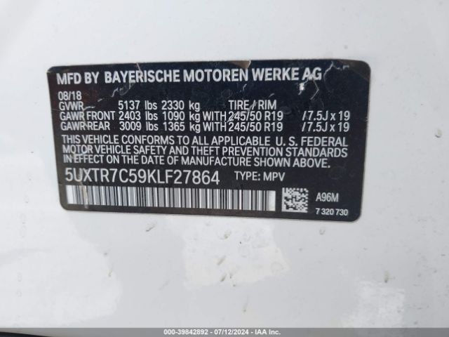 5UXTR7C59KLF27864 BMW X3 Sdrive30i