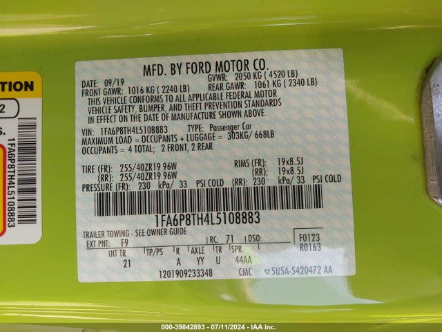 Ford Mustang Ecoboost Fastback 2020 1FA6P8TH4L5108883 Image 9