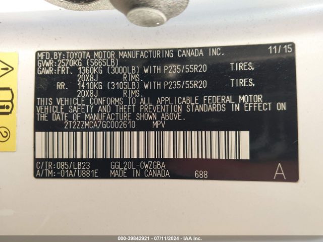 2T2ZZMCA7GC002610 Lexus RX 350