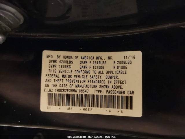 Honda ACCORD LX 2017 1HGCR2F39HA109547 Image 9