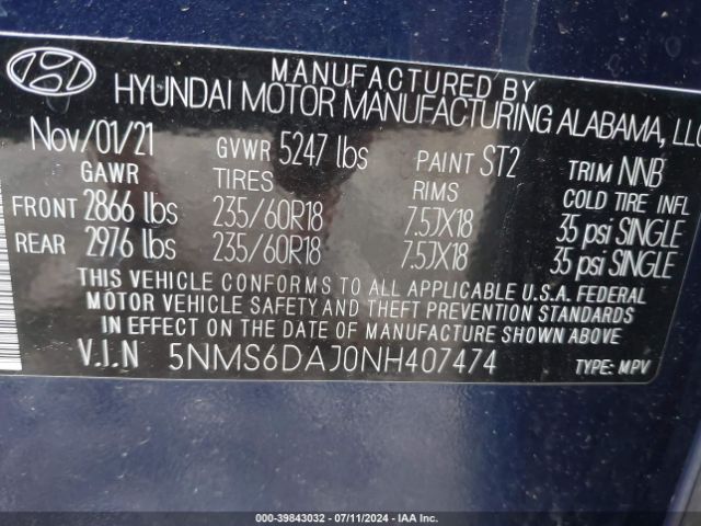 5NMS6DAJ0NH407474 Hyundai Santa Fe Xrt