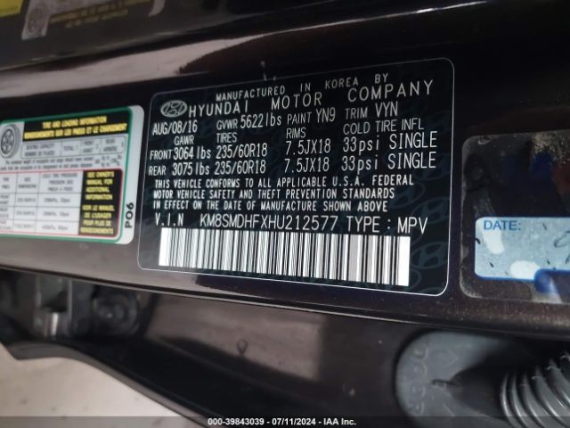KM8SMDHFXHU212577 Hyundai Santa Fe Se