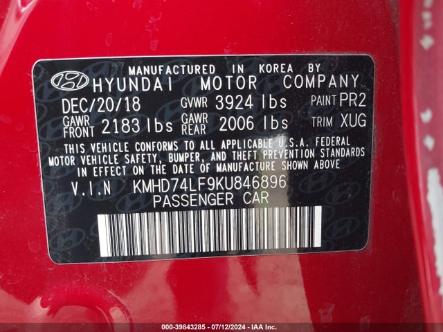 Hyundai ELANTRA SE 2019 KMHD74LF9KU846896 Image 9