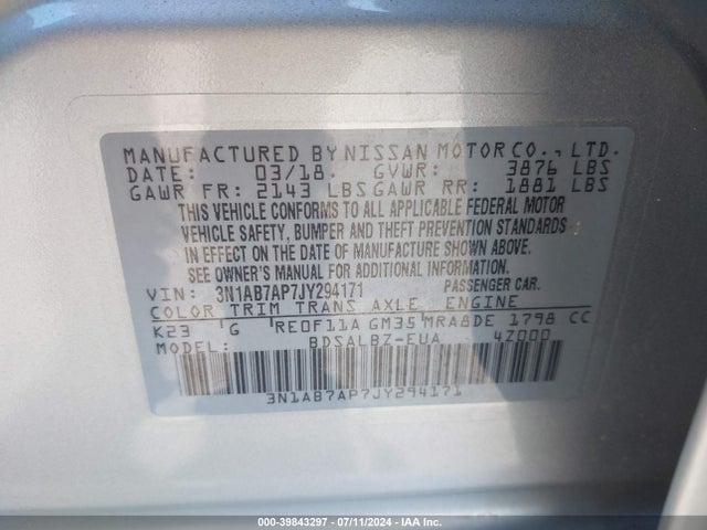 Nissan SENTRA S 2018 3N1AB7AP7JY294171 Image 9