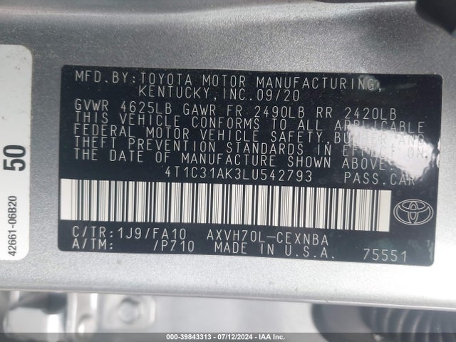 Toyota Camry Le Hybrid 2020 4T1C31AK3LU542793 Image 9