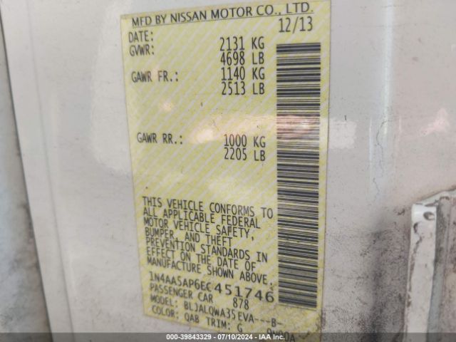 1N4AA5AP6EC451746 Nissan Maxima 3.5 S/3.5 Sv