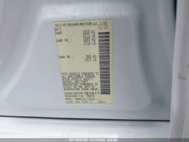 1N4AL3AP2FN385877 Nissan Altima 2.5/2.5 S/2.5 Sl/2.5 Sv