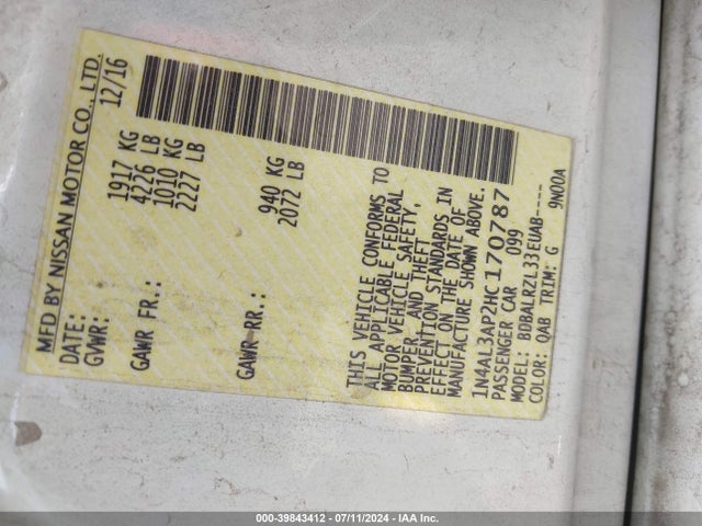 Nissan Altima 2.5 Sl 2017 1N4AL3AP2HC170787 Image 9