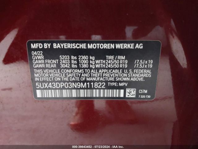 5UX43DP03N9M11822 BMW X3 Sdrive30i