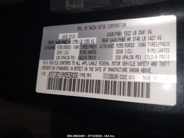JM3TCBDY8M0539009 Mazda Cx-9 Grand Touring