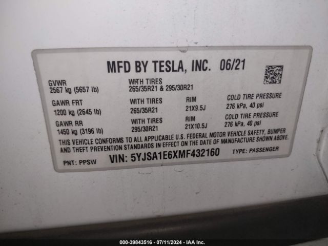 2021 TESLA MODEL S 5YJSA1E6XMF432160 Photo 8