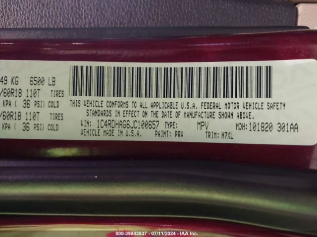 1C4RDHAG6JC100657 Dodge Durango Sxt Rwd