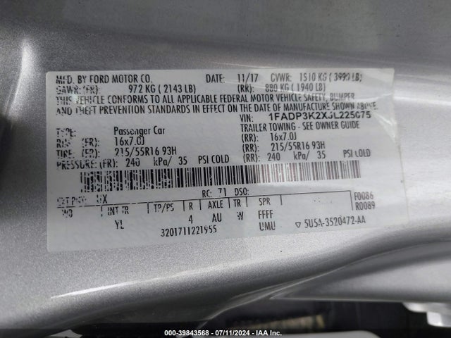 Ford FOCUS SE 2018 1FADP3K2XJL225075 Image 9