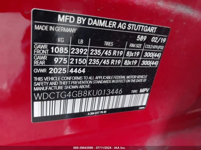 WDCTG4GB8KU013446 Mercedes-Benz Gla 250 4matic
