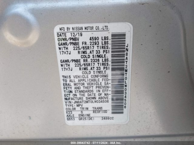 JN8AT2MT0LW034506 Nissan Rogue S Fwd