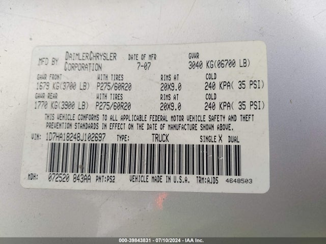 2008 Dodge Ram 1500 Slt მანქანა იყიდება აუქციონზე, vin: 1D7HA18248J102697, აუქციონის ნომერი: 39843831