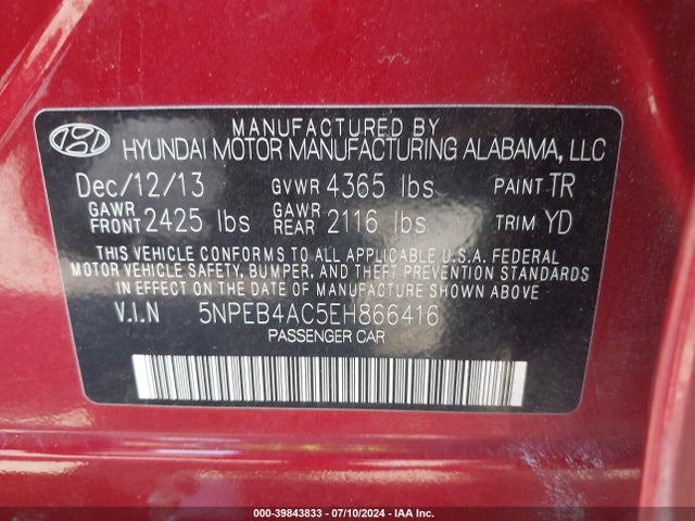 Hyundai SONATA GLS 2014 5NPEB4AC5EH866416 Image 9