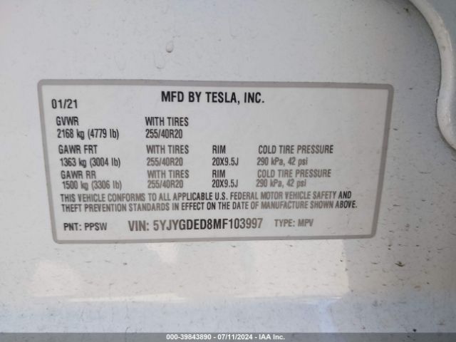 5YJYGDED8MF103997 Tesla Model Y Standard Range Rear-wheel Drive