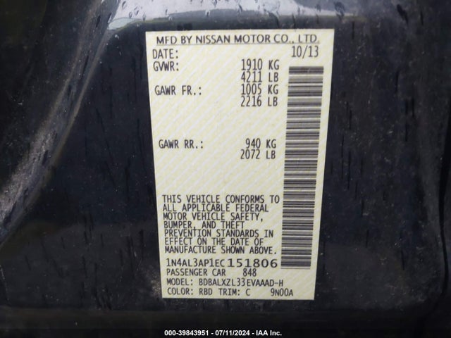 Nissan Altima 2.5 Sl 2014 1N4AL3AP1EC151806 Image 9