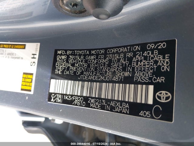 Toyota Corolla Hybrid Le 2021 JTDEAMDE2MJ014871 Image 9