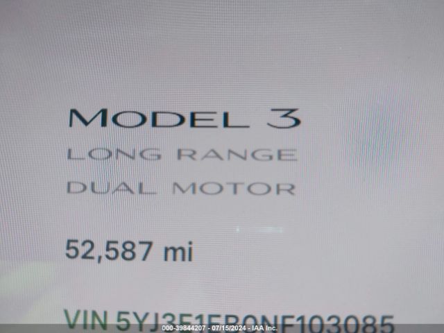 5YJ3E1EB0NF103085 Tesla Model 3 Long Range Dual Motor All-wheel Drive