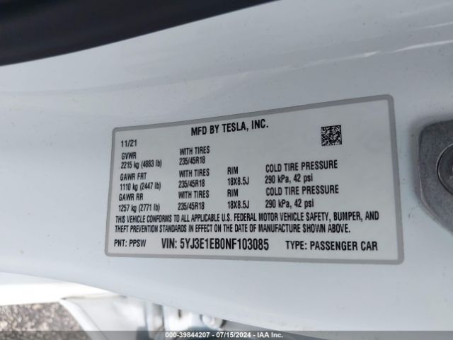 5YJ3E1EB0NF103085 Tesla Model 3 Long Range Dual Motor All-wheel Drive