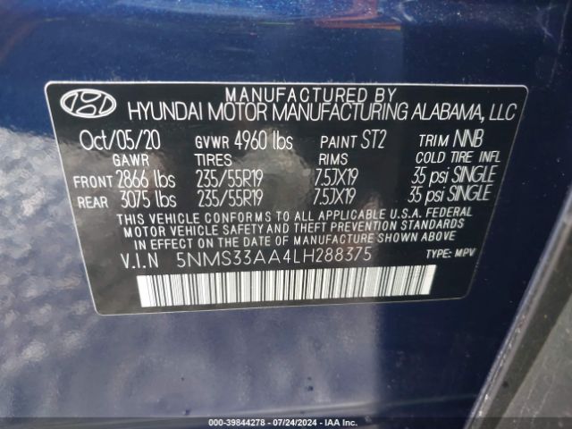 5NMS33AA4LH288375 Hyundai Santa Fe Sel 2.0t
