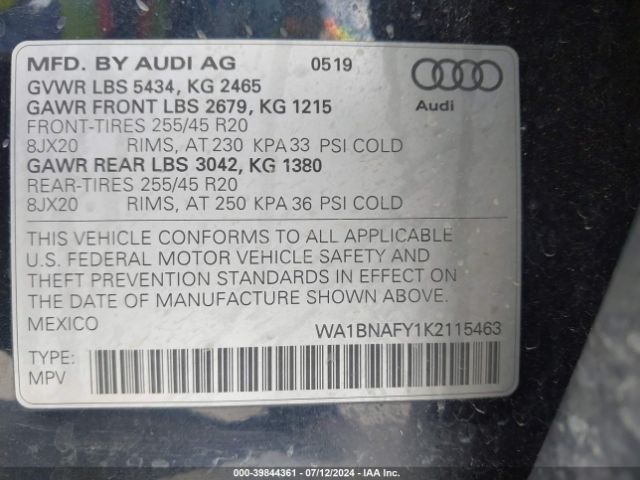 WA1BNAFY1K2115463 Audi Q5 45 Premium