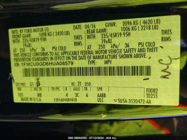 1FMCU0GD6HUA08579 Ford ESCAPE SE