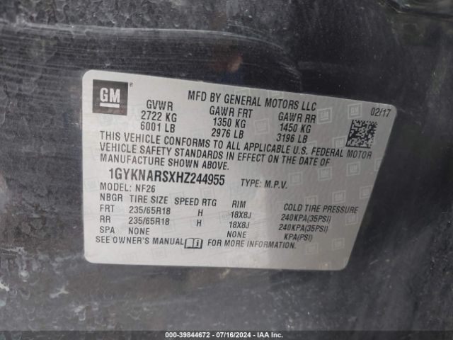 1GYKNARSXHZ244955 Cadillac Xt5 Standard