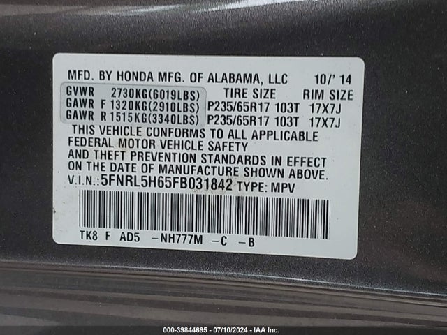 Honda Odyssey Ex-l 2015 5FNRL5H65FB031842 Image 9