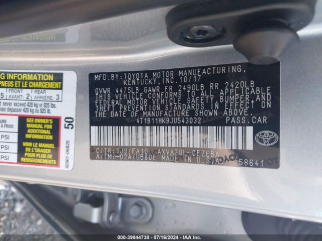 4T1B11HK9JU543032 Toyota CAMRY L